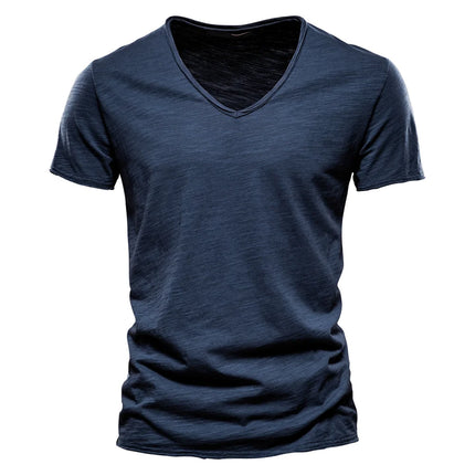 Men's 100% Cotton Branded Quality T-shirt V-Neck Fashion Design Slim Fit Solid Men's T-shirt Top Tees Short Sleeve T-shirt for Men