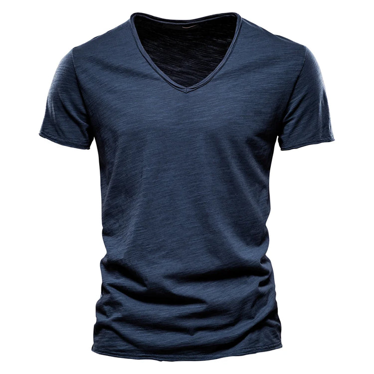 T-shirt da uomo in cotone 100% di qualità del marchio con scollo a V Fashion Design Slim Fit Soild T-shirt da uomo Top Tees T-shirt a maniche corte per uomo