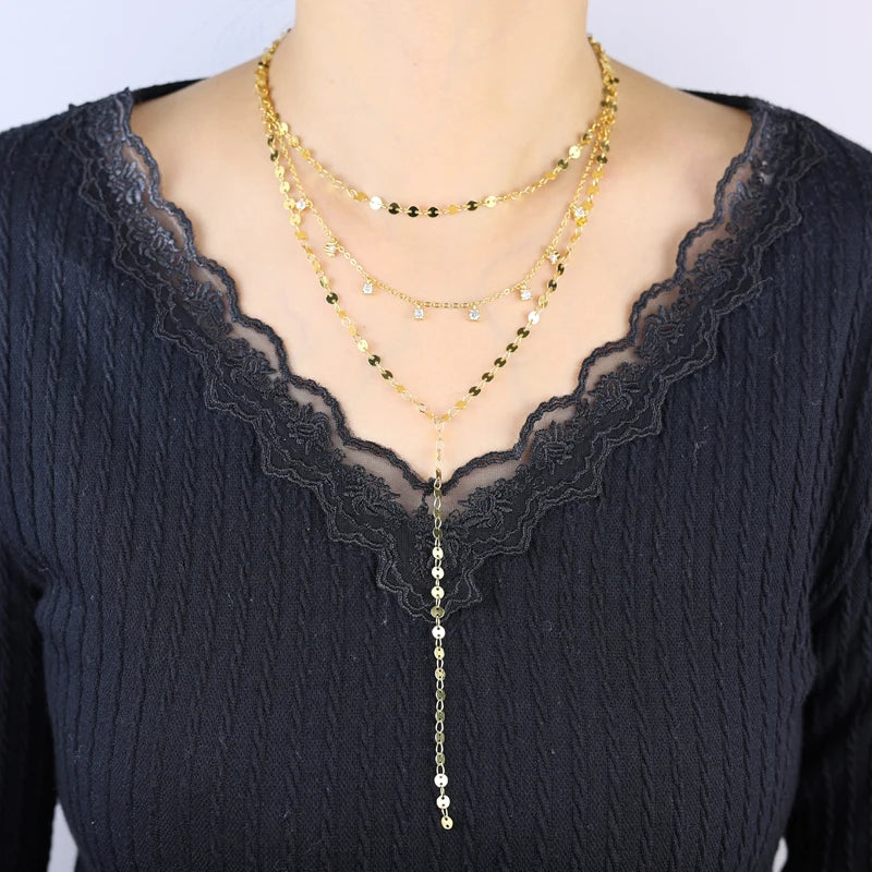 2025 Nuova collana lunga per le donne Y Lariat a forma di disco girocollo sexy multistrato con paillettes catena nappa bling cz pendente collana