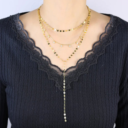 2025 Nuova collana lunga per le donne Y Lariat a forma di disco girocollo sexy multistrato con paillettes catena nappa bling cz pendente collana