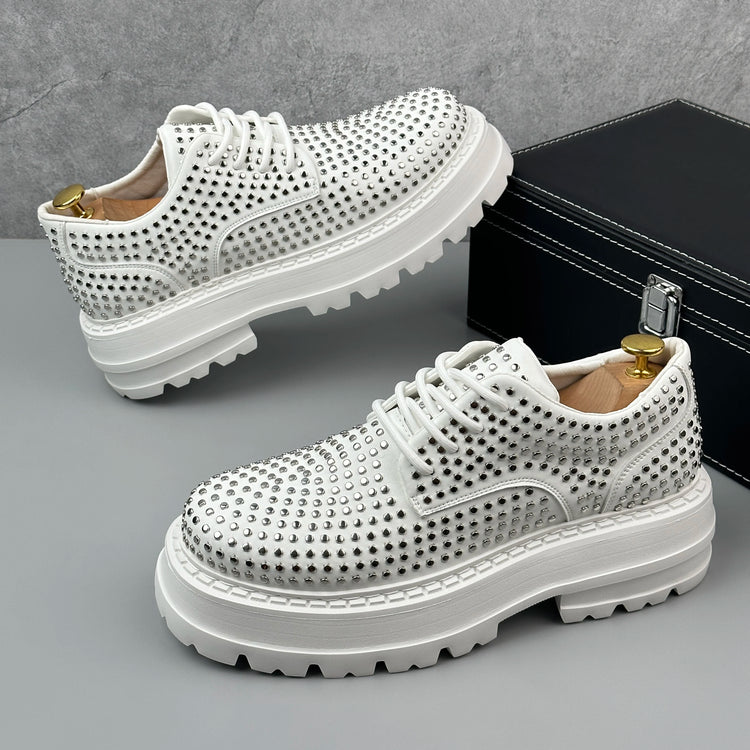 Luxury Designer Rivets Men Leather Casual Shoes Fashion Breathable Height Increasing Male Brogue Derby Shoes Zapatillas Hombre