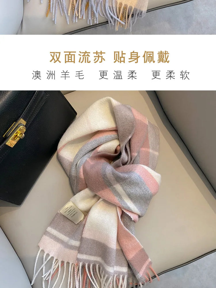 High Quality 100% Pure Wool Scarf Women Classic Chic  Autumn Winter Colorful Plaid Tassel Warm Muffler Female Thermal Shawl Lady