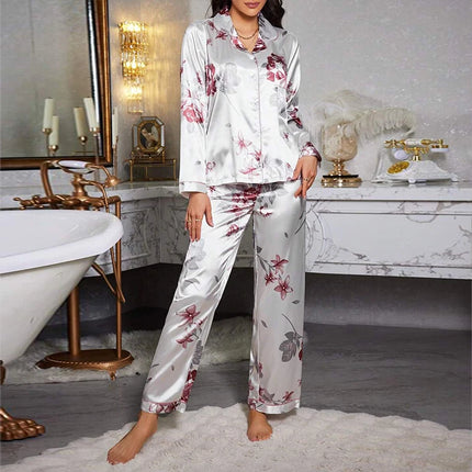Pigiama da donna con stampa floreale color block, maniche lunghe e pantaloni in raso per un sonno confortevole, morbido pigiama e pigiama da notte