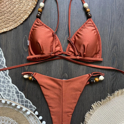 Sexy marrone bikini set 2026 donne perle cinturino foro fuori reggiseno push up perizoma costume da bagno brasiliano spiaggia costume da bagno micro costumi da bagno platinumshop