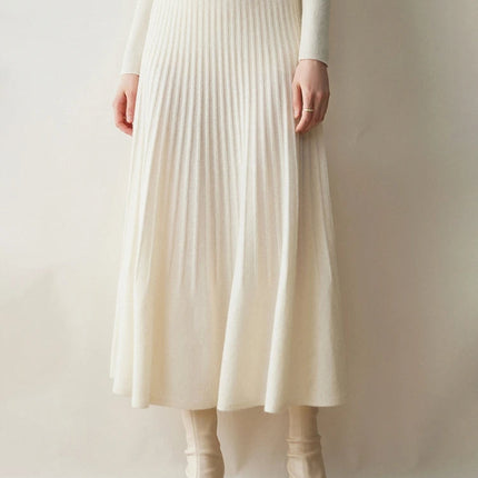 New Arrivals Women Cashmere A-line Skirt Elastic Waist Pleated Skirt 100% Cashmere Knitted Autumn Winter Thin Office Lady Dress PlatiNum