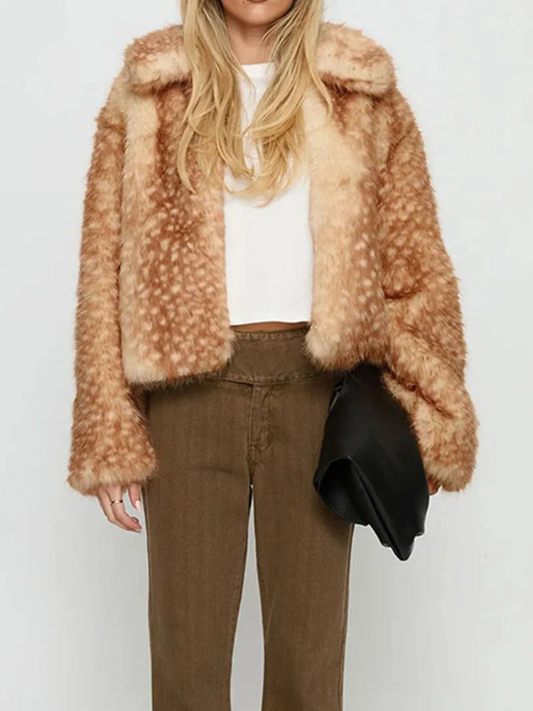 ZADORIN Chic Turn Down Collar Deer-print Cropped Fluffy Faux Fur Coat Woman Elegant Warm Faux Fur Jackets Woman Winter Coat Tops