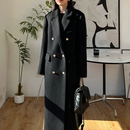 High-end Thick Double-sided Wool Coat Female Fashion Long  Autumn Winter Lapel Double Breasted Wool Coat Women Loose Outerwear