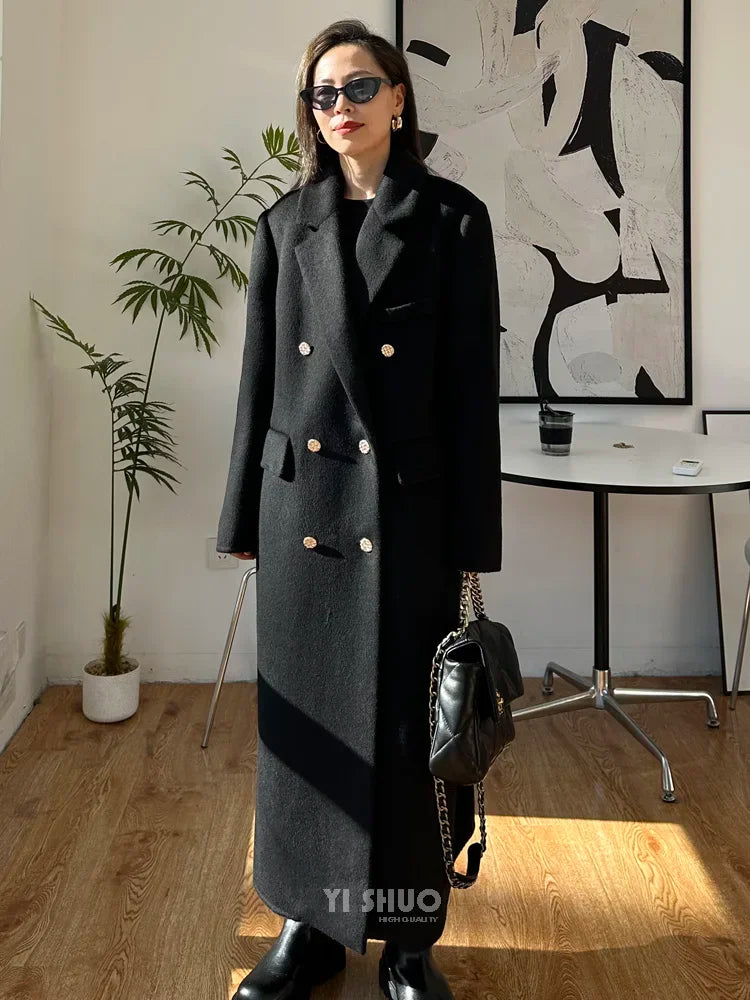 High-end Thick Double-sided Wool Coat Female Fashion Long  Autumn Winter Lapel Double Breasted Wool Coat Women Loose Outerwear