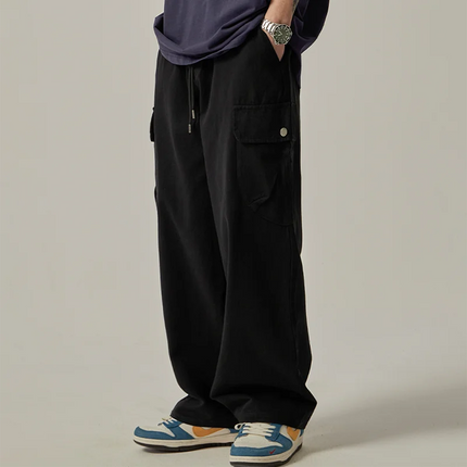 Men's Sweatpants 2025 Spring Autumn Vintage Japanese Wide Leg Straight Loose Button Big Pockets Cargo Pants Drawstring Trousers