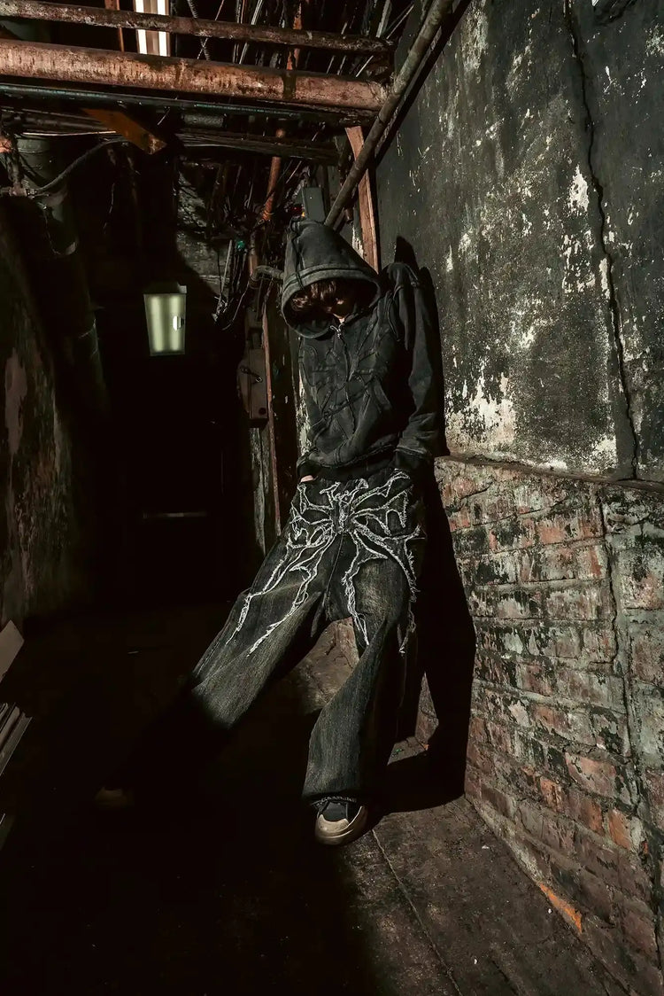 Y2K Retro Oversize Baggy Pantaloni lavabili unisex Phantom Jeans Uomo High Street Spider Toppa ricamata Hip Hop Streetwear Gotico