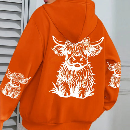Cute Hair Cow Cartoon Printing Hoodies Womens Fleece Autumn Streetwear Comfortable Casual Hoodie Y2K Pocket All-Match Hoody