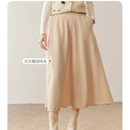 Women's 100% Pure Cashmere Knit Skirt New Elastic Waist Big Swing Skirts Fashion High-End Thick Umbrella Skirt Cashmere Dress PlatiNum