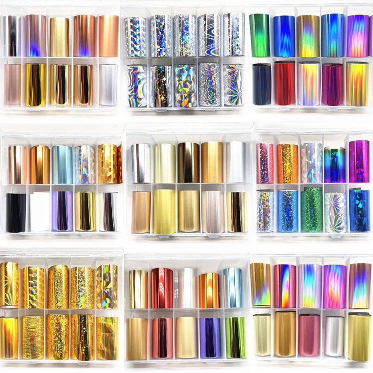 10 Patterns New Metal Nail Foils for Transfer Paper Stickers Floral Chameleon Nails Wraps DIY Water Marble Nail Art Decorations