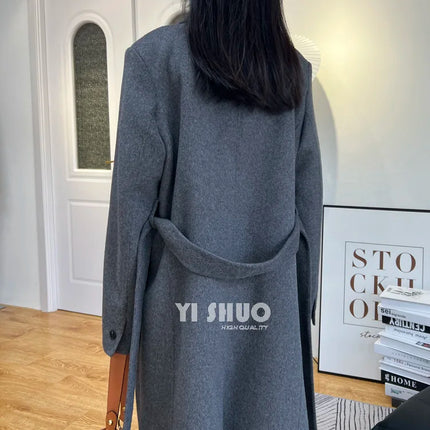 High-end White Thick Double-sided Wool Cashmere Coat Long Women Fashion Casual Loose Lapel Lace-up Woolen Jacket Autumn Winter
