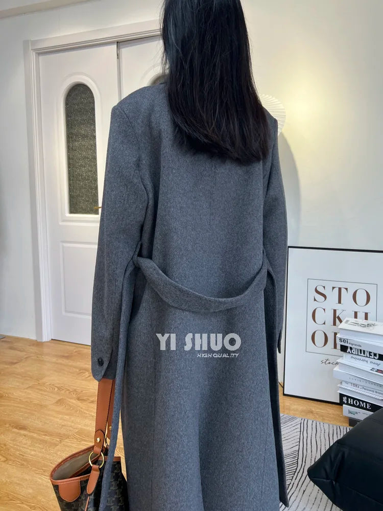 High-end White Thick Double-sided Wool Cashmere Coat Long Women Fashion Casual Loose Lapel Lace-up Woolen Jacket Autumn Winter
