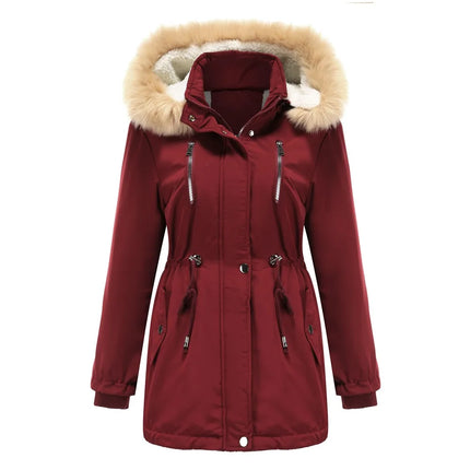 Women's Winter Coat Warm Fleece Lined Parka Detachable Faux Fur Hood Padded Jacket Slim Waist Thick Sherpa Loose Cotton Outwear
