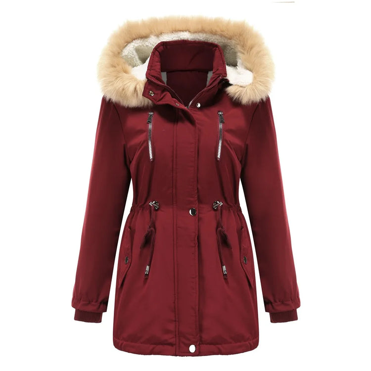 Women's Winter Coat Warm Fleece Lined Parka Detachable Faux Fur Hood Padded Jacket Slim Waist Thick Sherpa Loose Cotton Outwear