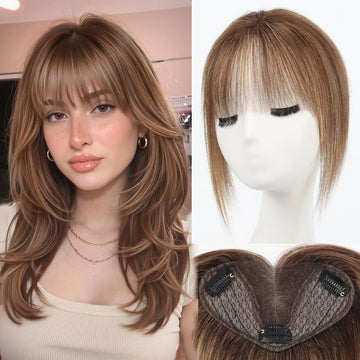 Brown Real Human Hair Toppers with Air Bangs 8inch Hairs Topper Hand-Tied Lace Base 360° Coverage for Women with Thinning Hair