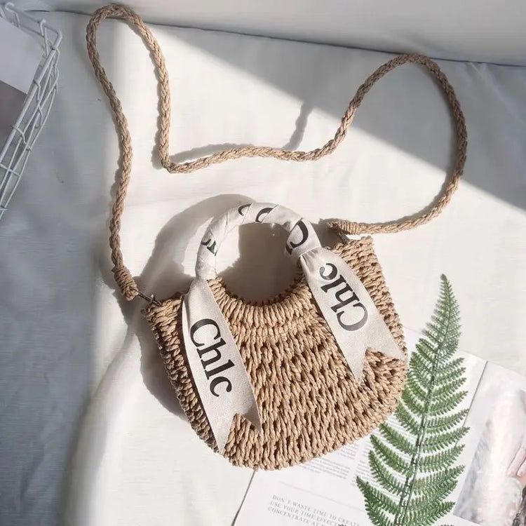 Borsa da Spiaggia in Rattan Intrecciato, Borsa Estiva da Donna, Borsa a Tracolla, Borsa a Cesto, Borsa a Tracolla Singola, Materiale Morbido in Poliestere