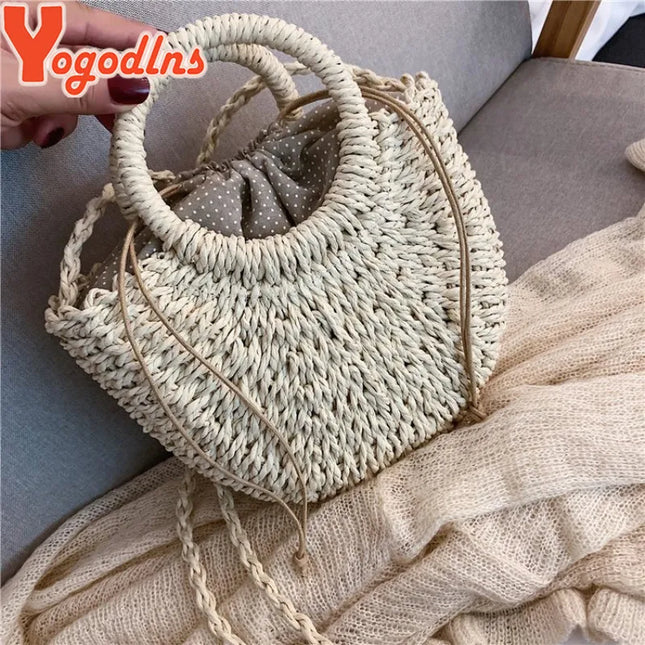 Yogodlns Handmade Semi-circular Rattan Woven Shoulder Bag Summer Women Crossbody Messenger Bags Small Beach Purse for Girls Novelty