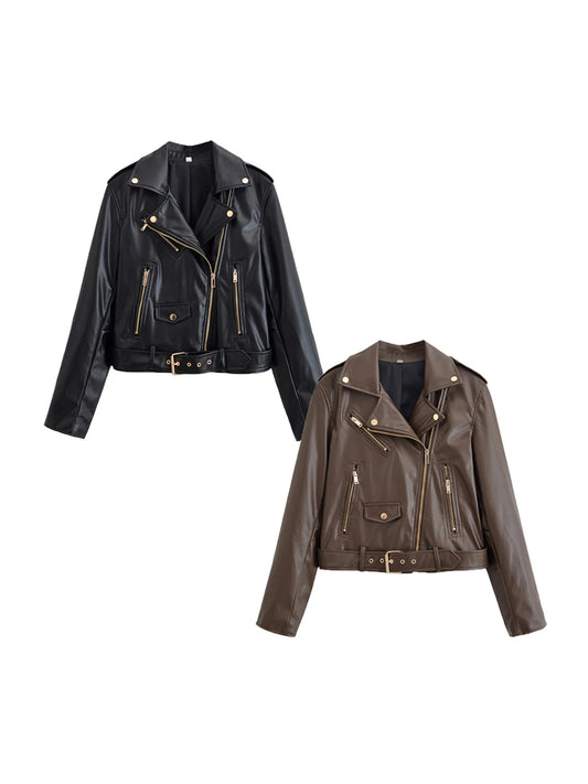 Women's Brown PU Leather Jacket Streetwear Motorcycle Long Coat Vintage Turtleneck Mustang Jacket Outerwear 2000s Clothes Autumn