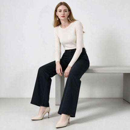 Women's Black Wide Leg Jeans, High Waist, Stretch Denim, Comfortable Loose Fit, Belt and Scarf Details, Modern Casual Style, Fashion Trousers for All Seasons, Sizes Xs-Xl，Fx1338-7