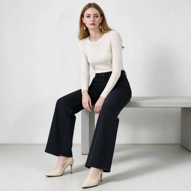 Women's Black Wide Leg Jeans, High Waist, Stretch Denim, Comfortable Loose Fit, Belt and Scarf Details, Modern Casual Style, Fashion Trousers for All Seasons, Sizes Xs-Xl，Fx1338-7