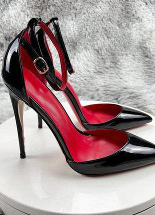 Black Patent Leather Women Ankle Strap Stiletto Pumps Pointed Toe Sexy High Heel Shoes 8cm 10cm 12cm Customize 33-46 PlatiNum
