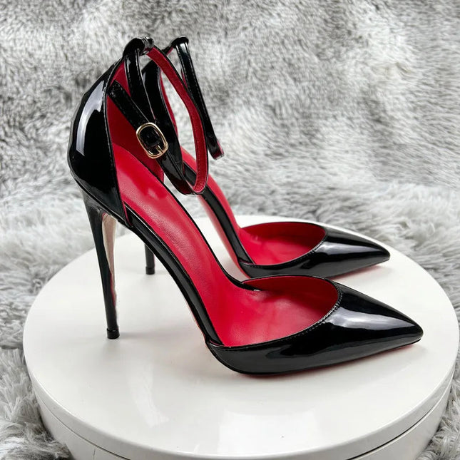 Black Patent Leather Women Ankle Strap Stiletto Pumps Pointed Toe Sexy High Heel Shoes 8cm 10cm 12cm Customize 33-46 PlatiNum