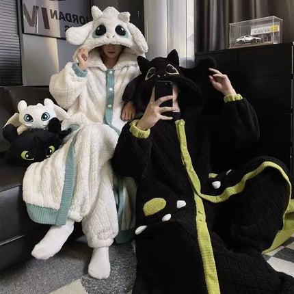 Anime Toothless Boy and Girl Winter Pajama Robe Kawaii Y2K Role-Playing Birthday Gift Thick Coral Velvet Warm Home Clothes Set