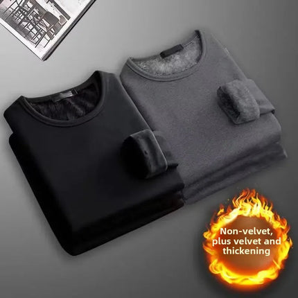 Men's Long Sleeve Thermal Underwear Fleece Lined Thick T-Shirt round Neck Slim Fit Base Shirt Pure Color Inner Wear Autumn Top PlatiNum