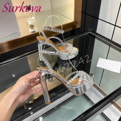Women'S Chunky Heel Waterproof Platform Sandals Rhinestones Ankle Strap Open Toe Party Evening Shoes Luxury Designer High Heels