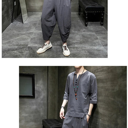 Stile giapponese due pezzi t-shirt pantaloni uomo uomo abiti Kimono maniche corte giappone Harajuku Yukata Cardigan Costume top pantaloni