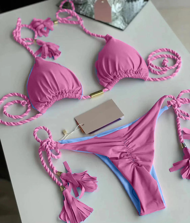 Nuovo Bikini da Donna Multicolore con Triangolo e Laccetti sulla Schiena platinumshop