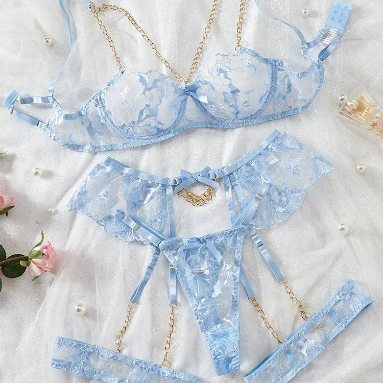Sexy Clothes Women Lingerie Hot Fashion Chain Embroidery Sexy Perspective Hollow 3-point Lingerie Hot Lingerie Women