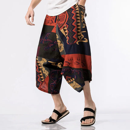 Pantaloncini Estivi Harajuku Larghi con Stampa, Traspiranti, Casual, Lunghezza al Polpaccio, Nuovi Pantaloni da Uomo in Cotone e Lino Oversize Stile Lanterna