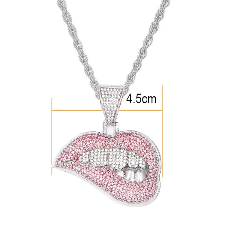 Collana con ciondolo a forma di labbro per morso hip-hop da donna per uomo con catena cubana in cristallo da 13 mm Collane hip-hop ghiacciate Bling Gioielli di moda PlatiNum