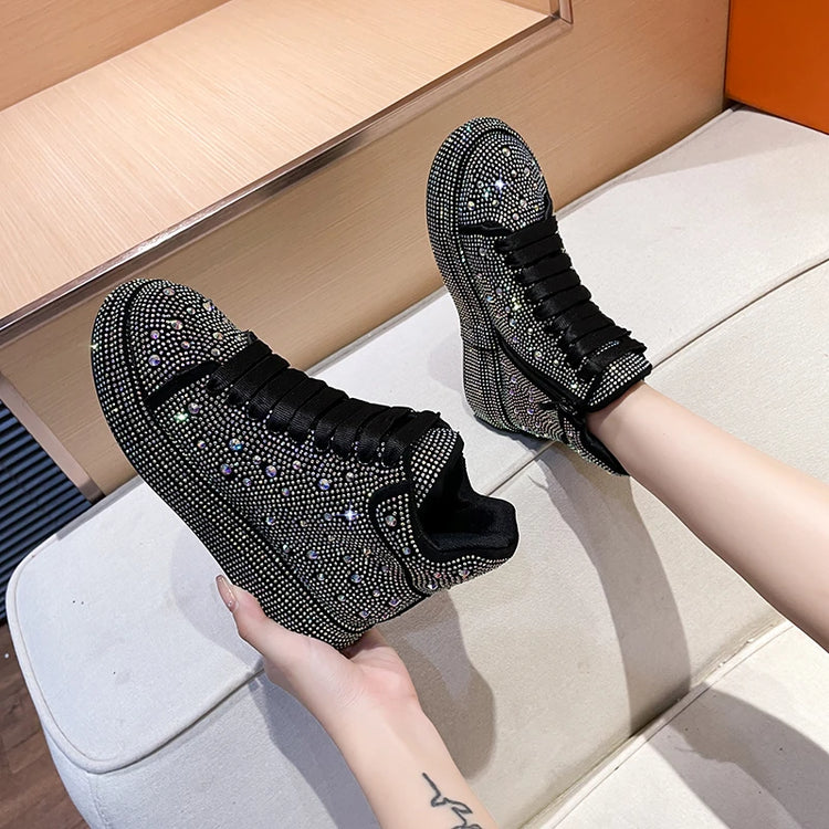 Designer Platform Sneakers Full Diamond Luxury Shoes Versatile Flat Bottom High-top Casual Skateboard Shoes Zapatos De Mujer