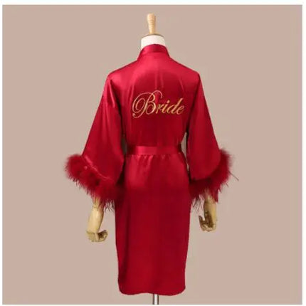 Donna piuma sposa damigella d'onore abito da sposa raso Kimono accappatoio abito da notte ricamo lettera camicia da notte scollo a v Lingerie