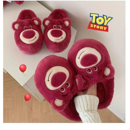 Fashion Strawberry Bear Girl Plush Cotton Slippers for Winter Warmth Indoor with Soft Plush Leisure Cotton Slippers Gifts