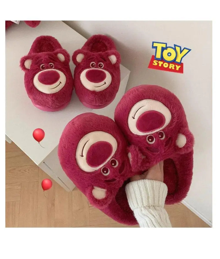 Fashion Strawberry Bear Girl Plush Cotton Slippers for Winter Warmth Indoor with Soft Plush Leisure Cotton Slippers Gifts
