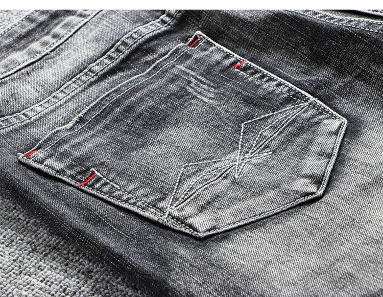Italian Style Fashion Men Jeans Retro Gray Elastic Slim Fit Ripped Jeans Men Trousers Vintage Designer Casual Denim Pants Hombre PlatiNum