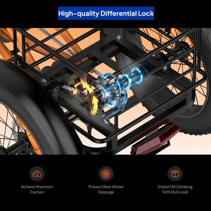 Triciclo Elettrico con Pneumatici Fat da 20*4.0 Pollici, E-bike da Carico PVY F20 con Robusto Cesto Posteriore, Motore da 1000W, Coppia di 80N.M, Forcella Ammortizzata Bloccabile, Carico Massimo 150kg