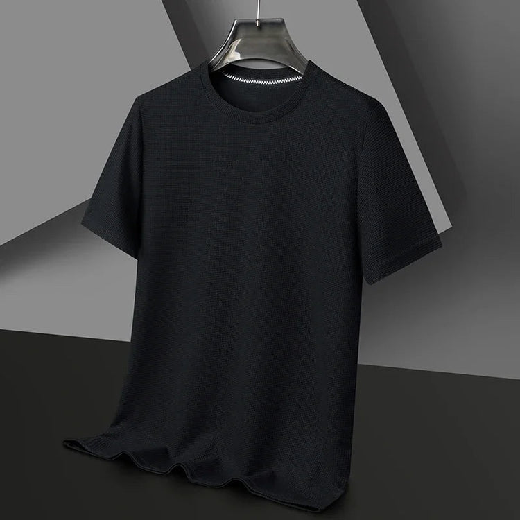 New Summer Waffle Round Neck Short Sleeved T-shirt for Men's Short Sleeved Top PlatiNum