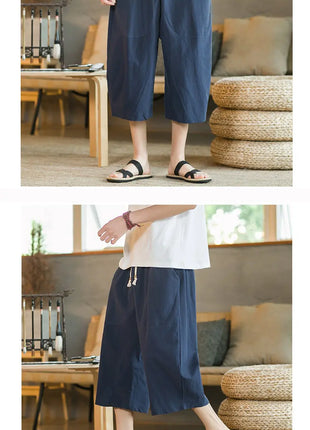 Pantaloni di lino da uomo in stile cinese Pantaloni a gamba larga da uomo con cavallo basso Pantaloni da uomo HipHop Pantaloni al polpaccio Pantaloni da pista Streetwear