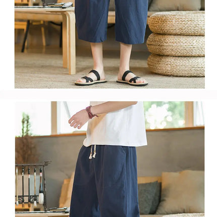 Pantaloni di lino da uomo in stile cinese Pantaloni a gamba larga da uomo con cavallo basso Pantaloni da uomo HipHop Pantaloni al polpaccio Pantaloni da pista Streetwear