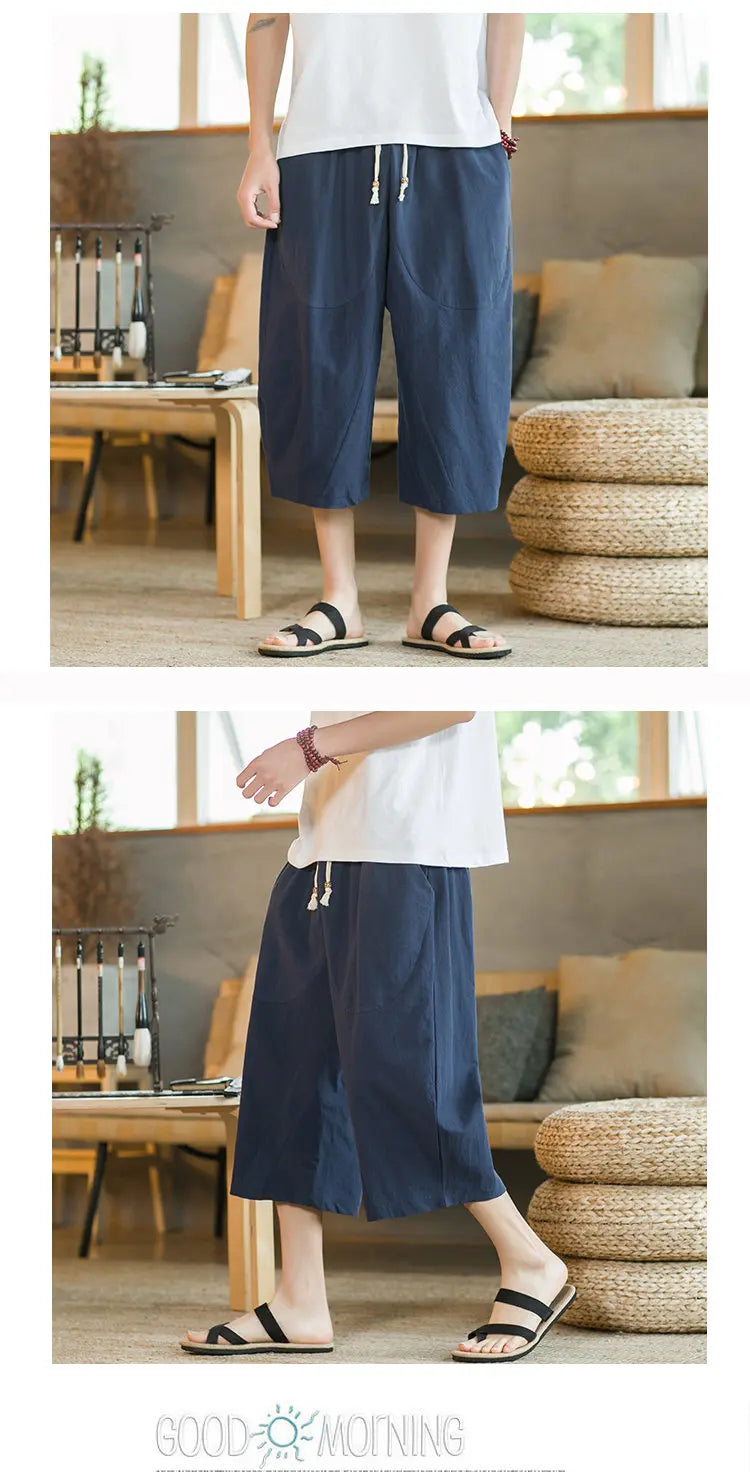 Pantaloni di lino da uomo in stile cinese Pantaloni a gamba larga da uomo con cavallo basso Pantaloni da uomo HipHop Pantaloni al polpaccio Pantaloni da pista Streetwear