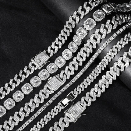 Hip Hop Men Women 14MM Prong Cuban Link Chain Necklace Bling Iced Out Tennis Chain Rhinestone Paved Miami Cuban Necklace Jewelry PlatiNum
