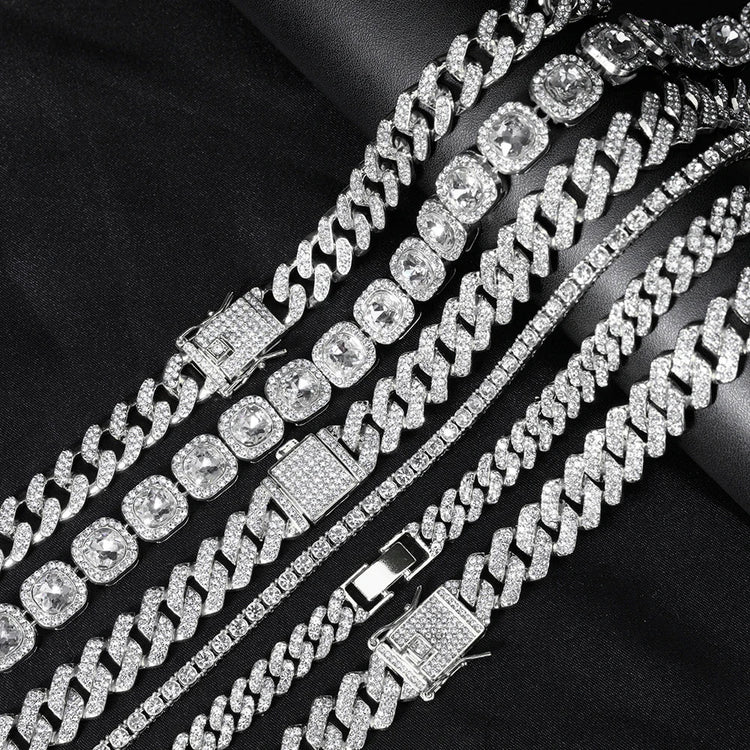 Hip Hop Men Women 14MM Prong Cuban Link Chain Necklace Bling Iced Out Tennis Chain Rhinestone Paved Miami Cuban Necklace Jewelry PlatiNum