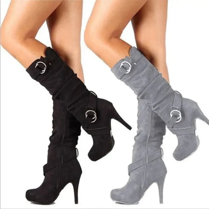 2023Sexy Knee High Women Boots Thin High Heel Round Toe Platform Fashion Ladies Pu Leather Boots Size 34-43 Lady Shoes PlatiNum